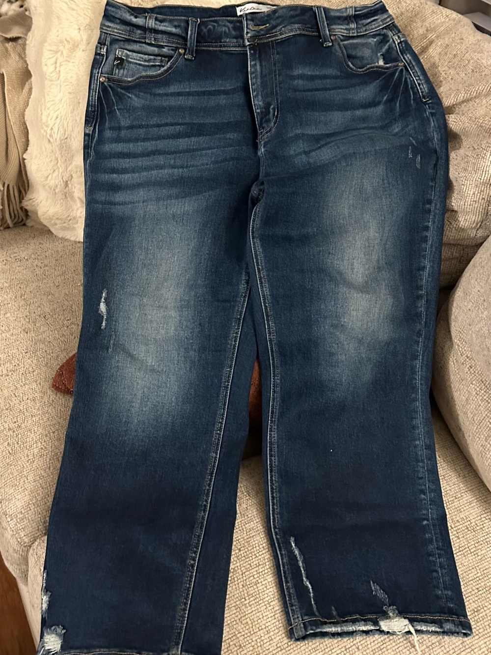 KanCan Dark Blue Straight Leg Jeans with Faded Detail